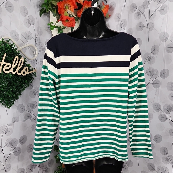 Talots Striped Boat Neck Long Sleeve Tee | Green & White | Medium - Picture 4 of 5